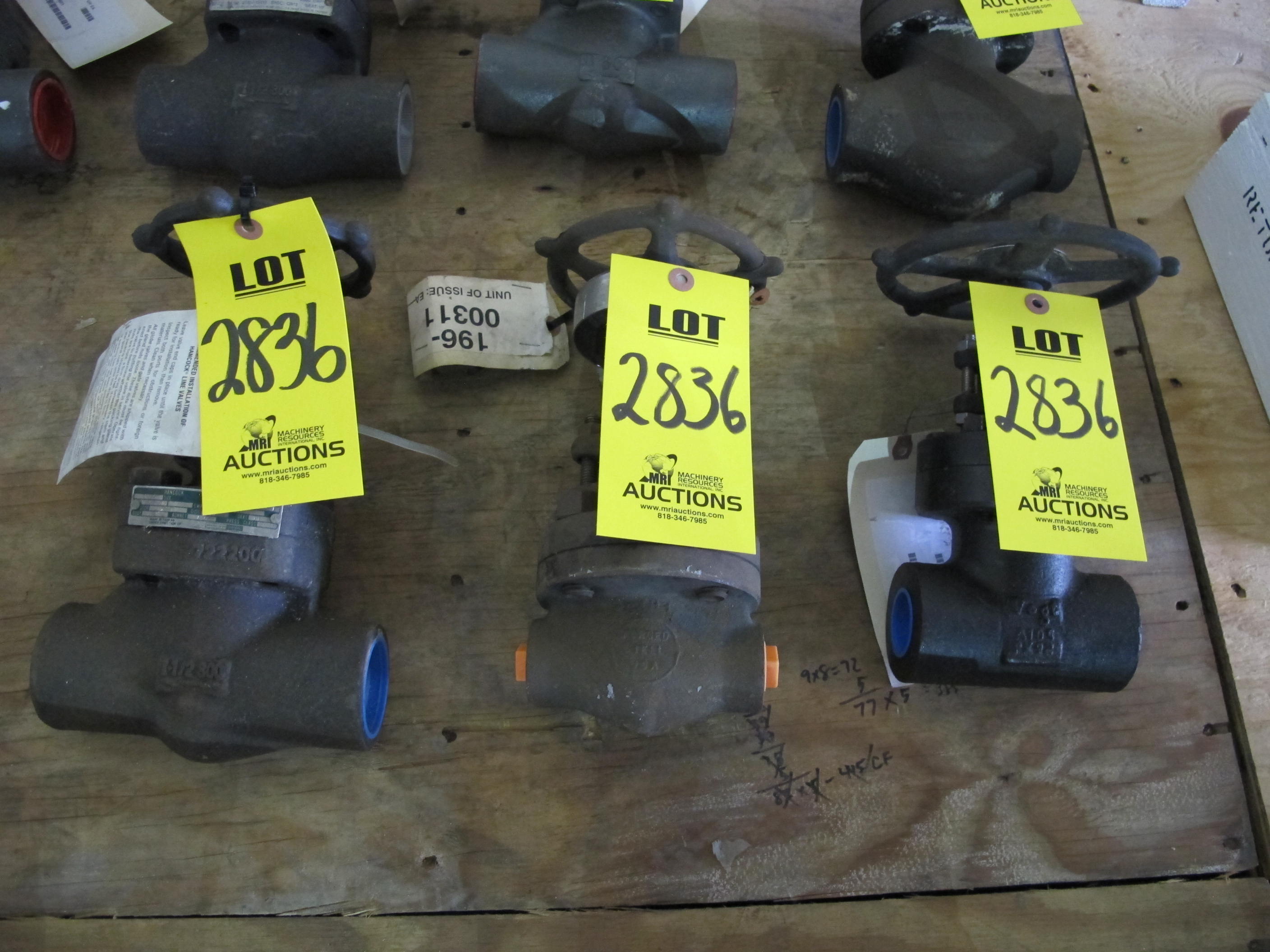 LOT (3) TO INCLUDE: (1) VALVE, GLOBE TYPE, 1-1/2" SIZE, 800 LB RATING, CARBON STL MATERIAL, SOCKET WELD CONNECTIONS, A/SA105 SPECIFICATION, OS&Y STYLE, HARD FACED SEAT & DISC TRIM, GRAPHITE SOFTGOODS, HANDWHEEL OPERATOR. BOLTED BONNET, PART # 5500W, (1) VALVE, GLOBE TYPE, 3/4" SIZE, 1500 LB RATING, CARBON STL MATERIAL, FNPT CONNECTIONS, A105 SPECIFICATION, BOLTED BONNET, FLOW CONTROL STYLE, HARDFACED TRIM, HANDWHEEL OPERATOR. PART # 15443 3/4", (1) VALVE, GATE TYPE, 1" SIZE, 1500 LB RATING, CARBON STL MATERIAL, SOCKET WELD CONNECTIONS, A105 SPECIFICATION, BOLTED BONNET, OUTSIDE SCREW AND YOKE, WEDGE STYLE, HARD FACED SEAT TRIM, NON-ASBESTOS SOFTGOODS. PART # SW15111FHF 1" (W-51) LOADING & HANDLING FEE $15-